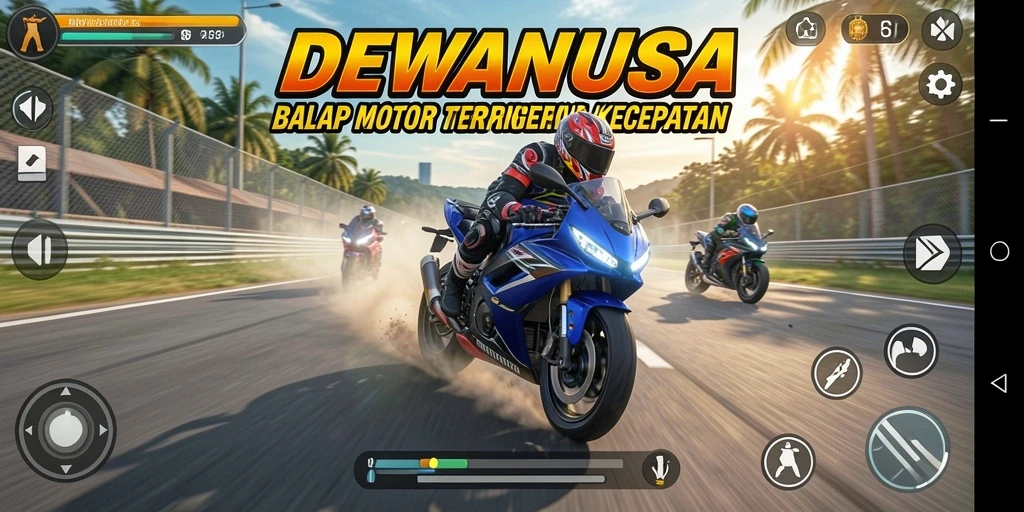 Gameplay mendebarkan di DEWANUSA saat balap motor.