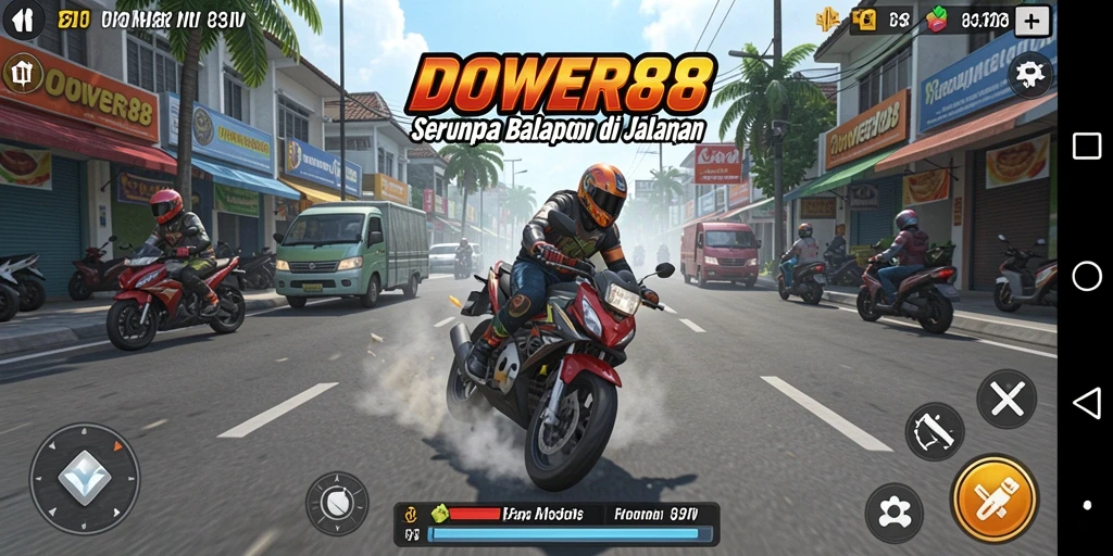 Screenshot gameplay DOWER88 dengan aksi balapan motor yang mendebarkan.