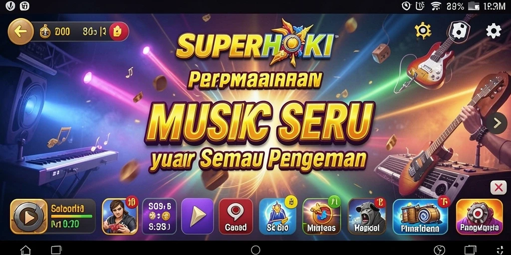 Tampilan menarik dari gameplay SUPERHOKI yang menampilkan berbagai macam musik.