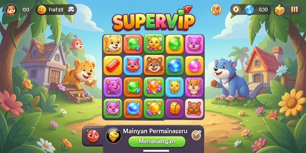 Tangkapan layar SUPERVIP menunjukkan gameplay Match-3 yang colorful dan menyenangkan.
